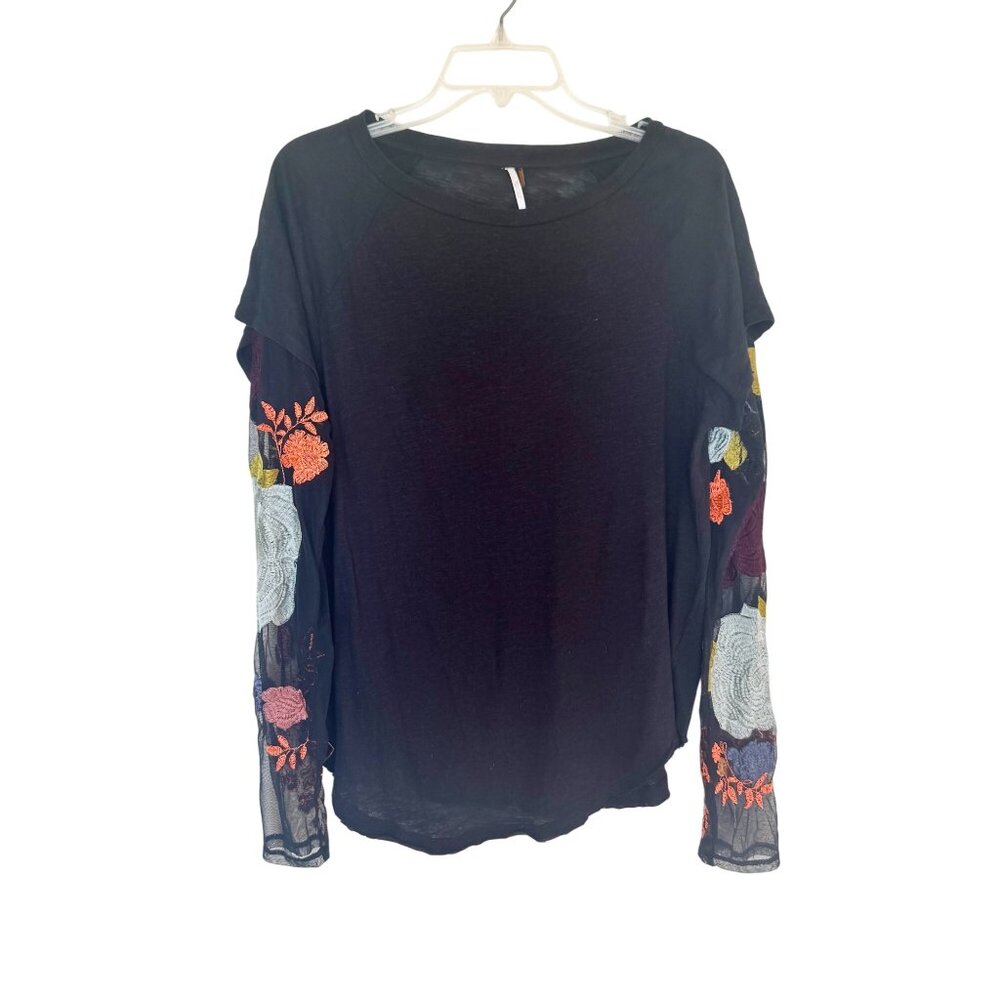 Free People Black Top with Vibrant Embroidered Sleeves